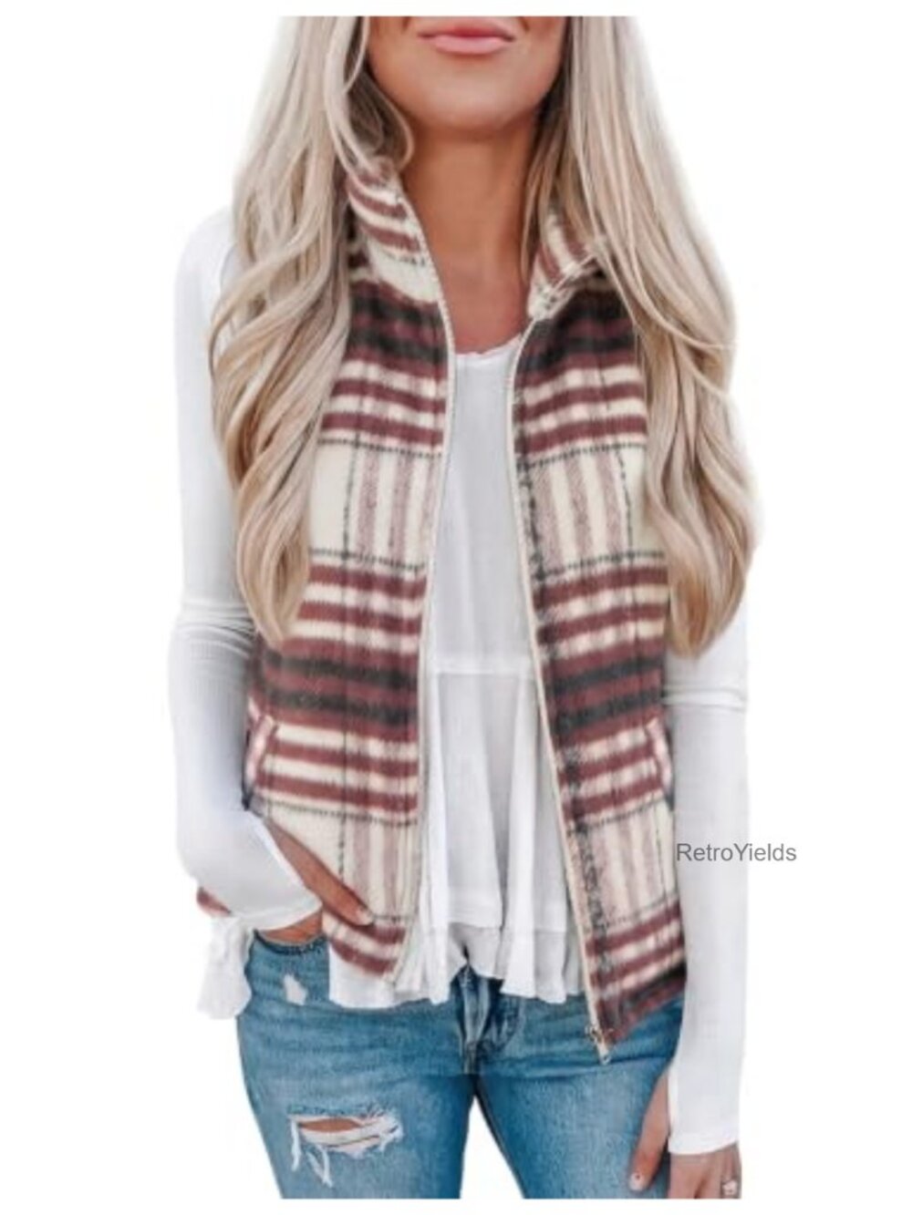 Womens Plaid Outerwear Vest Zip Up Sleeveless Jacket Pockets